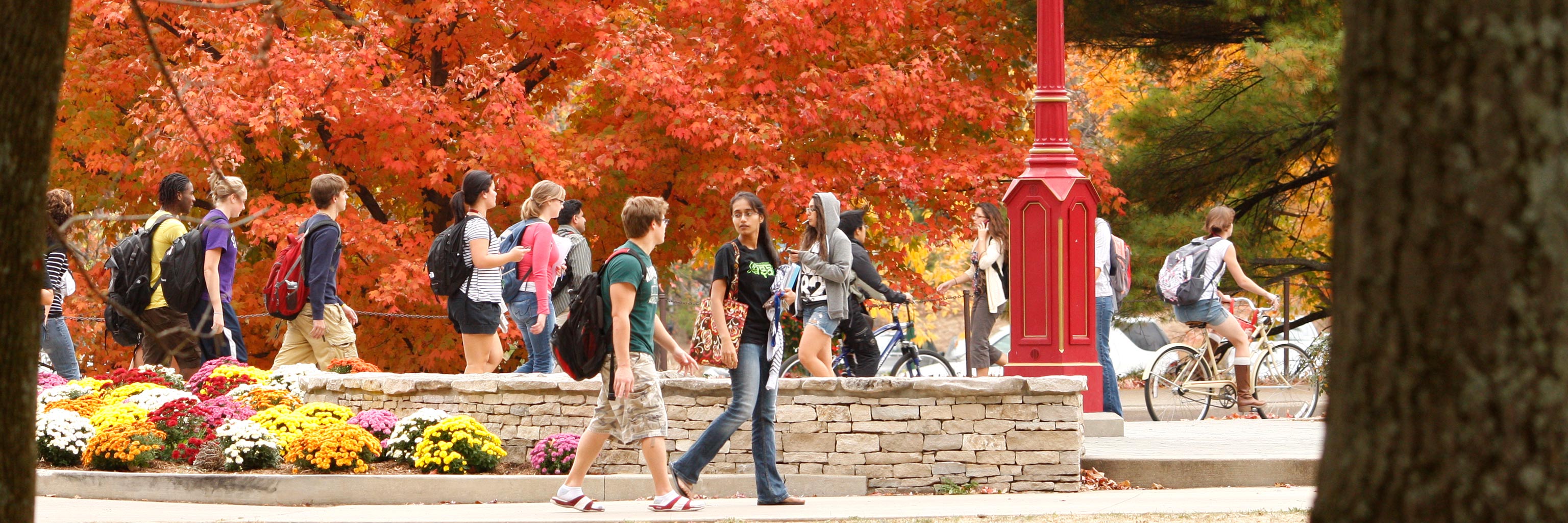 students walking around campus in autumn
