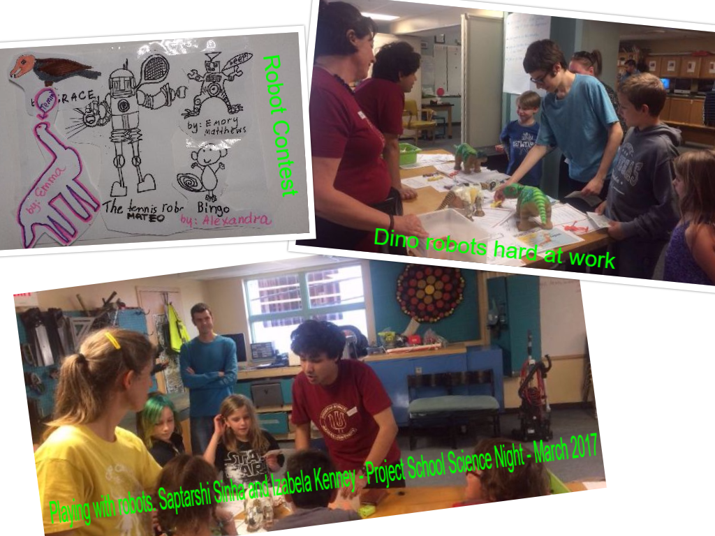 photo collage that represents outreach of dino robots, robots, and students teaching students